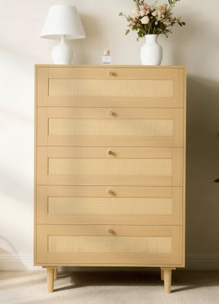 5 Drawer Rattan Dresser, Modern Closet Dresser for Bedroom, Natural Rattan Chest of Drawers with Metal Handles & Wooden Legs, Chest Clothing Organizer & Storage for Bedroom, Living Room, Hallway