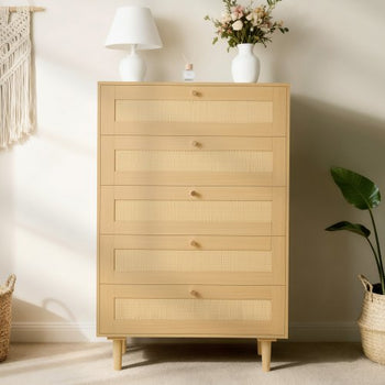 5 Drawer Rattan Dresser, Modern Closet Dresser for Bedroom, Natural Rattan Chest of Drawers with Metal Handles & Wooden Legs, Chest Clothing Organizer & Storage for Bedroom, Living Room, Hallway