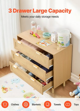 3 Drawer Rattan Dresser, Modern Closet Dresser for Bedroom, Natural Rattan Chest of Drawers with Metal Handles & Wooden Legs, Chest Clothing Organizer & Storage for Bedroom, Living Room, Hallway