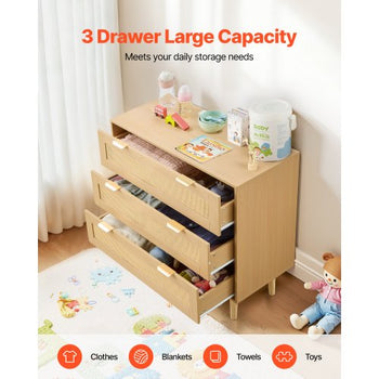 3 Drawer Rattan Dresser, Modern Closet Dresser for Bedroom, Natural Rattan Chest of Drawers with Metal Handles & Wooden Legs, Chest Clothing Organizer & Storage for Bedroom, Living Room, Hallway