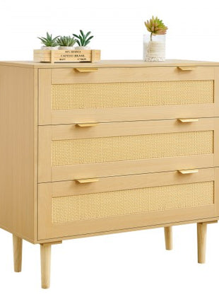 3 Drawer Rattan Dresser, Modern Closet Dresser for Bedroom, Natural Rattan Chest of Drawers with Metal Handles & Wooden Legs, Chest Clothing Organizer & Storage for Bedroom, Living Room, Hallway