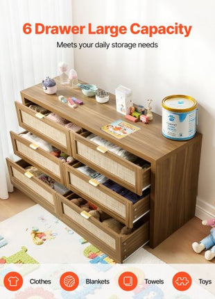 6 Drawer Rattan Dresser, Double Dresser for Bedroom, Natural Rattan Chest of Drawer with Metal Handle, Modern Wood Chest Clothing Organizer & Storage for Bedroom, Living Room, Hallway, Walnut