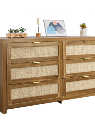 6 Drawer Rattan Dresser, Double Dresser for Bedroom, Natural Rattan Chest of Drawer with Metal Handle, Modern Wood Chest Clothing Organizer & Storage for Bedroom, Living Room, Hallway, Walnut