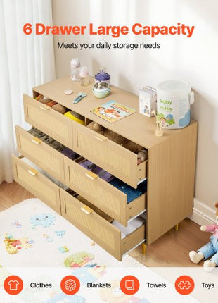 6 Drawer Rattan Dresser, Double Dresser for Bedroom, Natural Rattan Chest of Drawers with Metal Handles & Legs, Modern Wood Chest Clothing Organizer & Storage for Bedroom, Living Room, Hallway