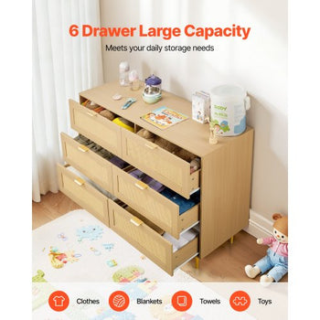 6 Drawer Rattan Dresser, Double Dresser for Bedroom, Natural Rattan Chest of Drawers with Metal Handles & Legs, Modern Wood Chest Clothing Organizer & Storage for Bedroom, Living Room, Hallway