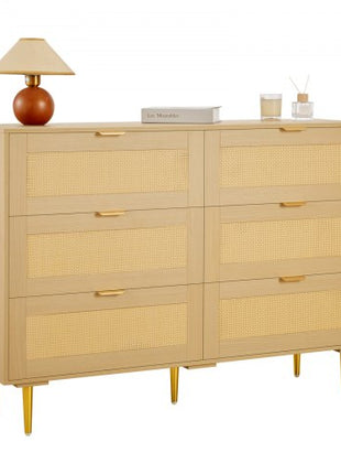 6 Drawer Rattan Dresser, Double Dresser for Bedroom, Natural Rattan Chest of Drawers with Metal Handles & Legs, Modern Wood Chest Clothing Organizer & Storage for Bedroom, Living Room, Hallway