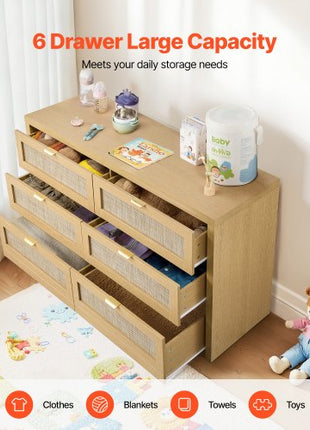 6 Drawer Rattan Dresser, Double Dresser for Bedroom, Natural Rattan Chest of Drawer with Metal Handle, Modern Wood Chest Clothing Organizer & Storage for Bedroom, Living Room, Hallway, Burlywood