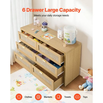6 Drawer Rattan Dresser, Double Dresser for Bedroom, Natural Rattan Chest of Drawer with Metal Handle, Modern Wood Chest Clothing Organizer & Storage for Bedroom, Living Room, Hallway, Burlywood
