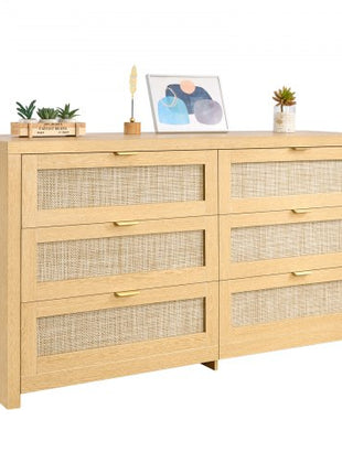 6 Drawer Rattan Dresser, Double Dresser for Bedroom, Natural Rattan Chest of Drawer with Metal Handle, Modern Wood Chest Clothing Organizer & Storage for Bedroom, Living Room, Hallway, Burlywood