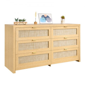 6 Drawer Rattan Dresser, Double Dresser for Bedroom, Natural Rattan Chest of Drawer with Metal Handle, Modern Wood Chest Clothing Organizer & Storage for Bedroom, Living Room, Hallway, Burlywood