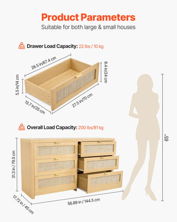 6 Drawer Rattan Dresser, Double Dresser for Bedroom, Natural Rattan Chest of Drawer with Metal Handle, Modern Wood Chest Clothing Organizer & Storage for Bedroom, Living Room, Hallway, Burlywood