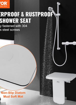 Folding ABS Shower Seat, 15.7'' x 16.7'' Unfolded, Wall Mounted Fold Up Shower Bench with 440 lbs Load Capacity, Space Saving Fold Down Shower Chair for Seniors Pregnant Women Children Adults