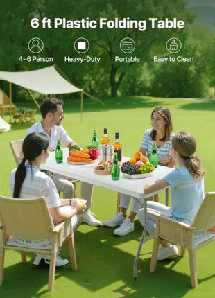 Folding Table, 6 Ft Heavy Duty Portable Fold-in-Half Utility Table, Indoor Outdoor Plastic Rectangle Table with Built in Handle, for Party, Dining, Wedding, Events, Picnic, Camping, White