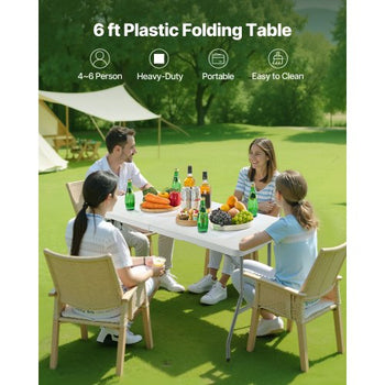 Folding Table, 6 Ft Heavy Duty Portable Fold-in-Half Utility Table, Indoor Outdoor Plastic Rectangle Table with Built in Handle, for Party, Dining, Wedding, Events, Picnic, Camping, White