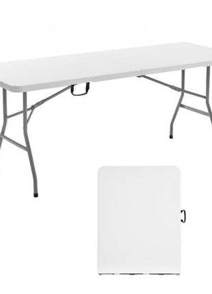 Folding Table, 6 Ft Heavy Duty Portable Fold-in-Half Utility Table, Indoor Outdoor Plastic Rectangle Table with Built in Handle, for Party, Dining, Wedding, Events, Picnic, Camping, White