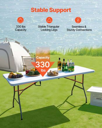 Folding Table, 6 Ft Heavy Duty Portable Fold-in-Half Utility Table, Indoor Outdoor Plastic Rectangle Table with Built in Handle, for Party, Dining, Wedding, Events, Picnic, Camping, White