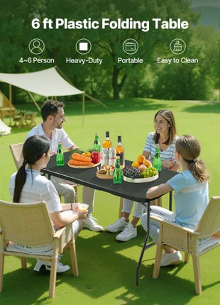 Folding Table, 6 Ft Heavy Duty Portable Fold-in-Half Utility Table, Indoor Outdoor Plastic Rectangle Table with Built in Handle, for Party, Dining, Wedding, Events, Picnic, Camping, Black