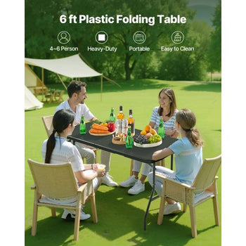 Folding Table, 6 Ft Heavy Duty Portable Fold-in-Half Utility Table, Indoor Outdoor Plastic Rectangle Table with Built in Handle, for Party, Dining, Wedding, Events, Picnic, Camping, Black
