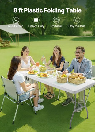 Folding Table, 8 Ft Heavy Duty Portable Fold-in-Half Utility Table, Indoor Outdoor Plastic Rectangle Table with Built in Handle, for Party, Dining, Wedding, Events, Picnic, Camping, White