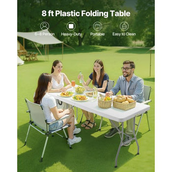 Folding Table, 8 Ft Heavy Duty Portable Fold-in-Half Utility Table, Indoor Outdoor Plastic Rectangle Table with Built in Handle, for Party, Dining, Wedding, Events, Picnic, Camping, White