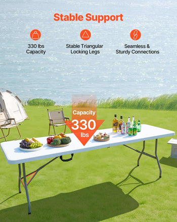 Folding Table, 8 Ft Heavy Duty Portable Fold-in-Half Utility Table, Indoor Outdoor Plastic Rectangle Table with Built in Handle, for Party, Dining, Wedding, Events, Picnic, Camping, White