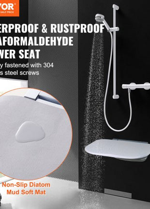 Urea-formaldehyde Folding Shower Seat, 13.6'' x 12.8'' Unfolded, Wall Mounted Fold Up Shower Bench with 450 lbs Load Capacity, Space Saving Fold Down Shower Chair for Seniors Children Adults
