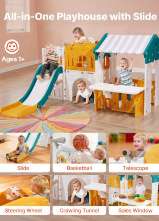 Outdoor Playhouse, Versatile Toddler Playground with Slide, Basketball, Telescope, Steering Wheel, Crawling Tunnel, Sales Window, Toddler Playset for Aged 1+, Open Play Structure, HDPE Plastic