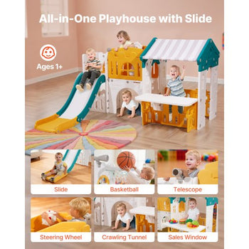 Outdoor Playhouse, Versatile Toddler Playground with Slide, Basketball, Telescope, Steering Wheel, Crawling Tunnel, Sales Window, Toddler Playset for Aged 1+, Open Play Structure, HDPE Plastic