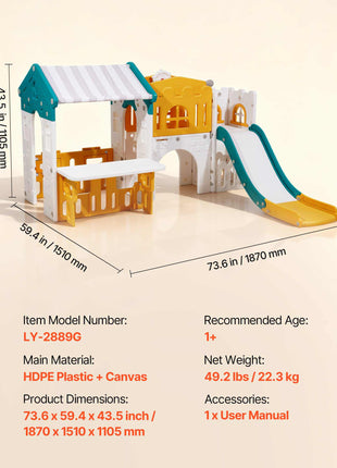 Outdoor Playhouse, Versatile Toddler Playground with Slide, Basketball, Telescope, Steering Wheel, Crawling Tunnel, Sales Window, Toddler Playset for Aged 1+, Open Play Structure, HDPE Plastic