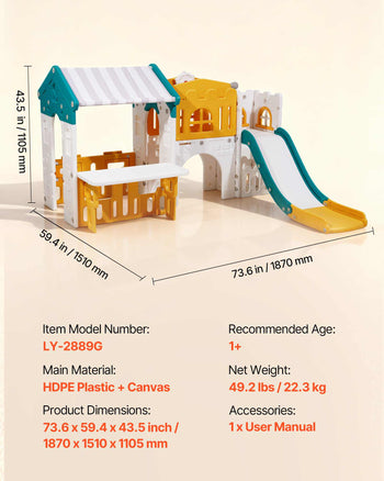 Outdoor Playhouse, Versatile Toddler Playground with Slide, Basketball, Telescope, Steering Wheel, Crawling Tunnel, Sales Window, Toddler Playset for Aged 1+, Open Play Structure, HDPE Plastic