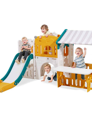 Outdoor Playhouse, Versatile Toddler Playground with Slide, Basketball, Telescope, Steering Wheel, Crawling Tunnel, Sales Window, Toddler Playset for Aged 1+, Open Play Structure, HDPE Plastic