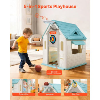 Outdoor Playhouse, 5-In-1 Cottage Play House with Pretend Play, Basketball, Darts, Soccer, Ring Toss, Window & Convenient Door, Toddler Slide Set for Aged 2+, Smooth Edges, Polypropylene Plastic