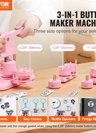 3-IN-1 Button Maker, 1/1.25/2.28 inch(25/32/58mm) Pin Maker, 300pcs Button Parts,Button Maker Machine with Panda Magic Book,  Ergonomic Arc Handle Punch Press Kit, For Children DIY Gifts, Pink
