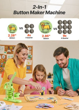 Button Maker Machine, 2.28/2.95 inch 2-in-1, Plastic Pin Maker with 200 pcs Button Parts, Circle Cutter and Magic Book, Reinforced Ergonomic Handle, for DIY Badges, Personalized Pins, Green
