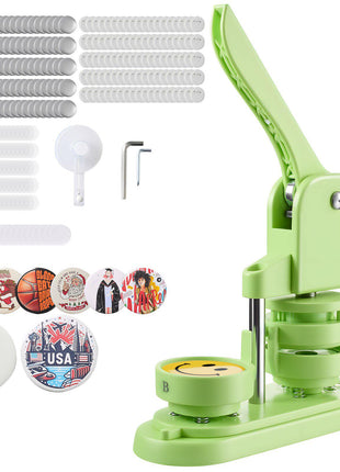 Button Maker Machine, 2.28 in, Plastic Pin Maker with 100pcs Button Parts, Circle Cutter and Hex Wrenches, Reinforced Ergonomic Handle, for DIY Badges, Personalized Pins and Key Chains, Green