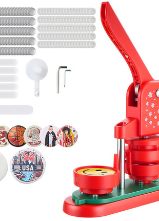 Button Maker Machine, 2.28 in, Plastic Pin Maker with 100pcs Button Parts, Circle Cutter and Hex Wrenches, Reinforced Ergonomic Handle, for DIY Badges, Personalized Pins and Key Chains, Red