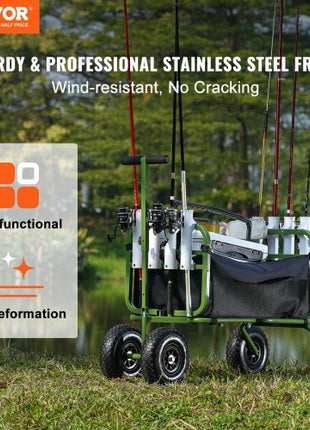 Beach Fishing Cart, 300 lbs Load Capacity, Foldable Fish and Marine Cart with Four 11" Big Wheels Rubber Balloon Tires, Heavy-Duty Steel Pier Wagon Trolley with 8 Rod Holders for Picnic