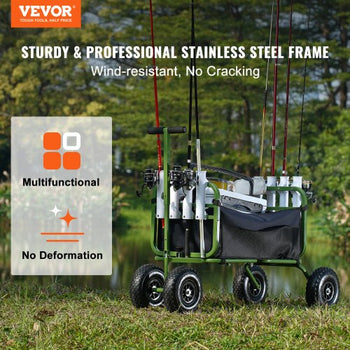 Beach Fishing Cart, 300 lbs Load Capacity, Foldable Fish and Marine Cart with Four 11" Big Wheels Rubber Balloon Tires, Heavy-Duty Steel Pier Wagon Trolley with 8 Rod Holders for Picnic