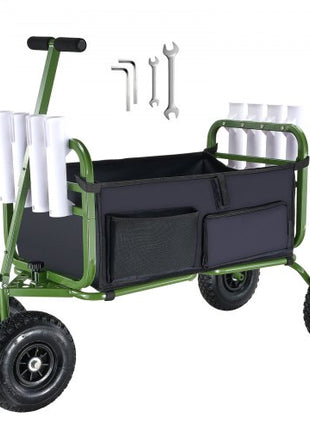 Beach Fishing Cart, 300 lbs Load Capacity, Foldable Fish and Marine Cart with Four 11" Big Wheels Rubber Balloon Tires, Heavy-Duty Steel Pier Wagon Trolley with 8 Rod Holders for Picnic