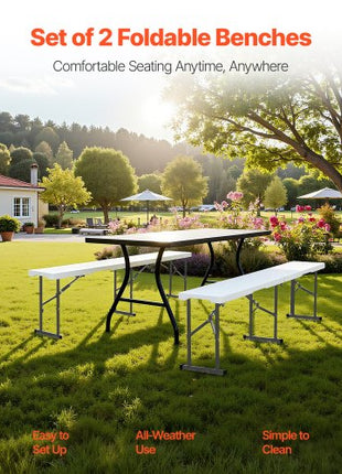 Plastic Folding Bench, 6 ft Portable Bench for Indoor/Outdoor Picnic Party Patio Camping Dining, Foldable Smooth HDPE Seat for Garden Soccer Multipurpose Entertaining Activities, 2 Pack, White