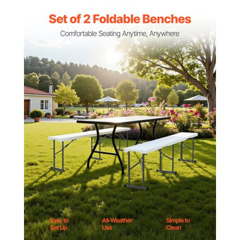 Plastic Folding Bench, 6 ft Portable Bench for Indoor/Outdoor Picnic Party Patio Camping Dining, Foldable Smooth HDPE Seat for Garden Soccer Multipurpose Entertaining Activities, 2 Pack, White