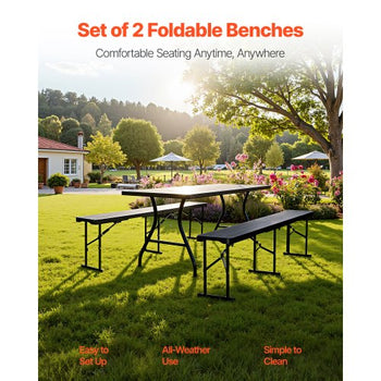 Plastic Folding Bench, 6 ft Portable Bench for Outdoor Picnic Party Camping Dining, Foldable Smooth HDPE Seat for Garden Soccer Multipurpose Entertaining Activities, 2 Pack, 2 Carry Bags, Black
