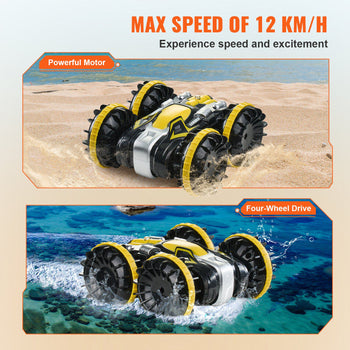 Amphibious Remote Control Car Boat, 2.4GHz 12 km/h, 4WD Waterproof RC Car for Kids, 360° Rotating Stunt Car with 2 Batteries, All Terrain Water Beach Pool Toy for 6+ Year Old Boys Girls, Yellow