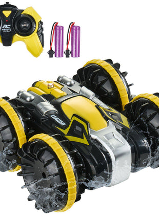 Amphibious Remote Control Car Boat, 2.4GHz 12 km/h, 4WD Waterproof RC Car for Kids, 360° Rotating Stunt Car with 2 Batteries, All Terrain Water Beach Pool Toy for 6+ Year Old Boys Girls, Yellow