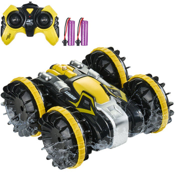 Amphibious Remote Control Car Boat, 2.4GHz 12 km/h, 4WD Waterproof RC Car for Kids, 360° Rotating Stunt Car with 2 Batteries, All Terrain Water Beach Pool Toy for 6+ Year Old Boys Girls, Yellow
