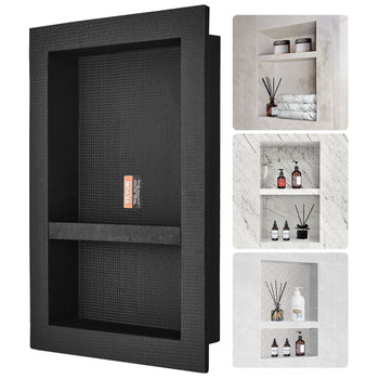 Black textured recessed shelf for bathrooms, ideal for organizing décor and toiletries. Durable, modern design.