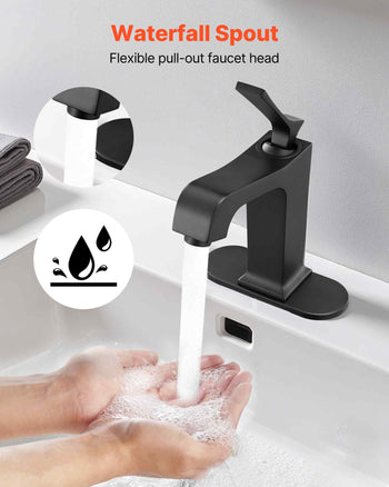 Single Handle Sink Faucet, Matte Black Finish Faucet Kitchen Sink, Kitchen Water Faucets with Push-Button Drain, Suitable for Bathroom, RV, Bar Sink, Public Restroom, Waterfall-Style Spout