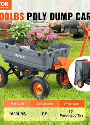 Garden Cart with 1500 lbs Load Capacity, 13 inch Wheels, Durable Poly Dump Cart with Simple Assembly Steel Structure, Versatile Dump Wagon with Dual-Function Handle, Handy Wheelbarrow