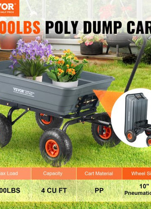 Garden Cart, Durable Poly Dump Cart with Simple Assembly Steel Framework, Versatile Dump Cart with Dual-Function Handle, Handy Wheelbarrow with 600 lbs Load Capacity, 10 inch Wheels