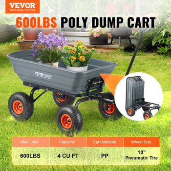 Garden Cart, Durable Poly Dump Cart with Simple Assembly Steel Framework, Versatile Dump Cart with Dual-Function Handle, Handy Wheelbarrow with 600 lbs Load Capacity, 10 inch Wheels